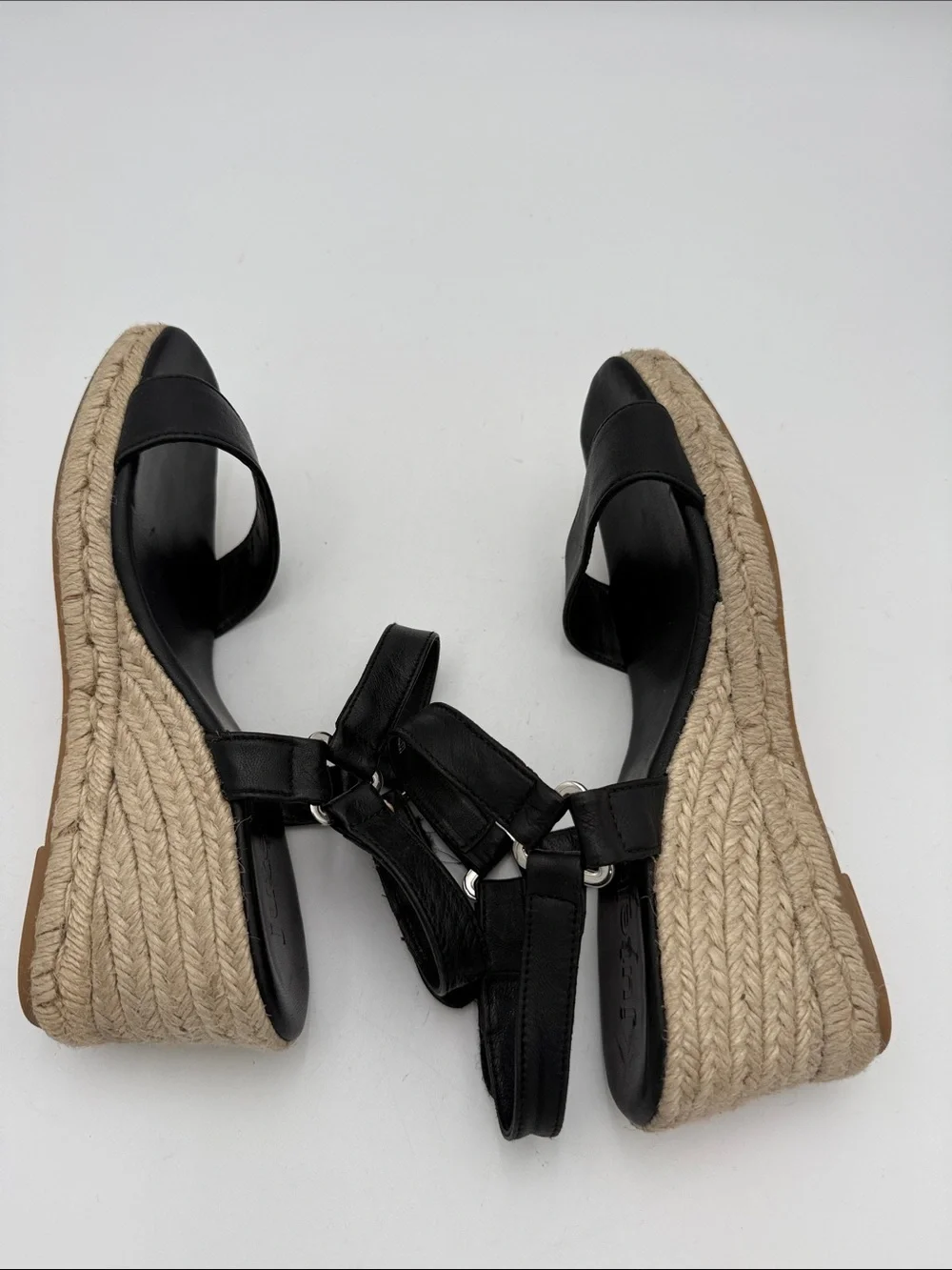 Jutelia Black Espadrille Wedge Sandals - Women 8 leather upper casual office Y2K